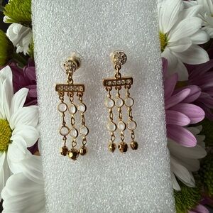 Vintage Swarovski White Bezel Crystal Gold Tone Pierced Dangle Earrings